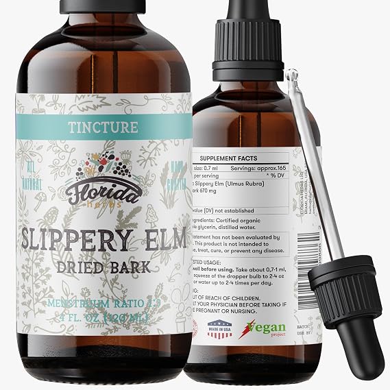 Slippery Elm Tincture 4 oz Organic Herbal Extract | Alcohol Free | Vegan Liquid Supplement