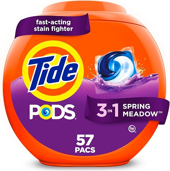Tide PODS laundry detergent pacs, 3-in-1 Stain Remover, Odor Fighter, Color Protector, 57 Count, HE compatible, Spring Meadow Scent