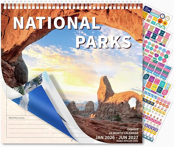 Ospelelf Wall Calendar 2026-2027 18 Months 12"X12" National Park Calender Wall Hanging Spiral Bound Calendar for Easy Organizing, Use Jan 2026 - Dec 2027