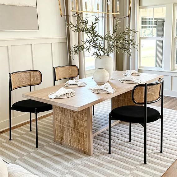 Rattan Dining Chairs Set of 2, Kitchen Chairs with Curved Cane Backrest &Metal Legs, Modern Dining Room Chair, Round Upholstered Sherpa Chair for Living Room, Black