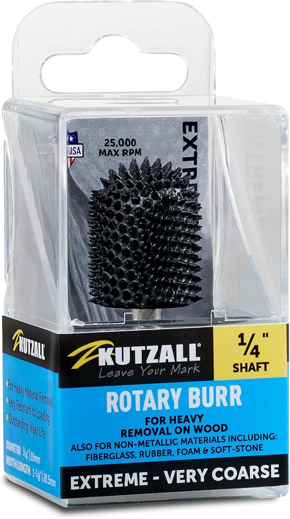 Kutzall Extreme Ball Nose Rotary Burr 14" Shaft, Very Coarse - Wood Carving Bit for Bosch, DeWalt, Milwaukee. Abrasive Tungsten Carbide 34"(19mm) Dia. X 1-18"(28.5mm) Length, BNX-34C