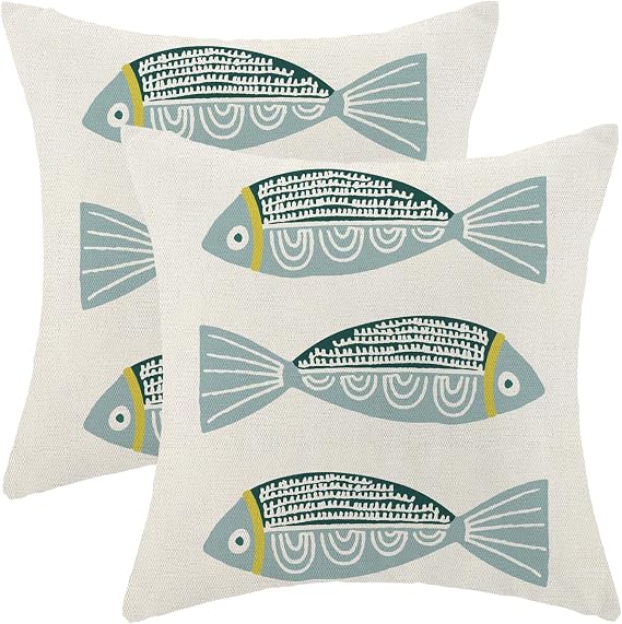Coastal Blue Fish Outdoor Pillow Covers 18x18 Inch Set of 2