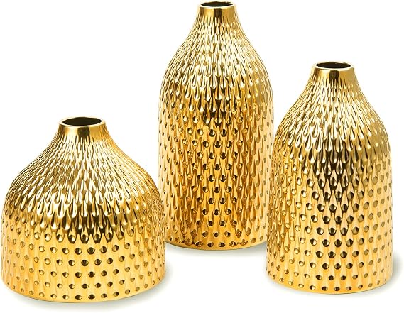 Ceramic Vase Set - 3 Small Vases, Luxurious Home Decor, Great for Centerpieces; Ideal Shelf Decor, Table Decor, Bookshelf, Mantle, Entryway- Gold