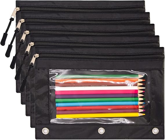 Pencil Pouch for 3 Ring Binder, Pencil Case with Clear Window Black 5Pack