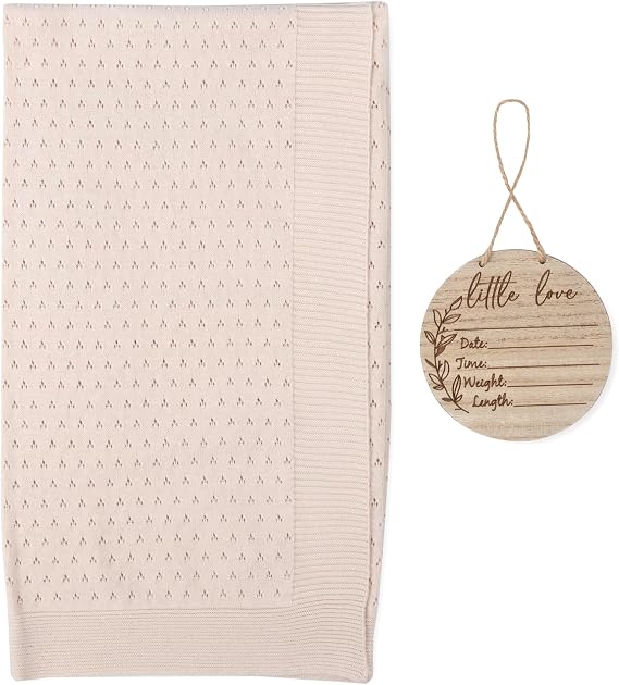 Jessica Simpson Two Piece Knit Baby Blanket with Keepsake Milestone Disc for Newborns and Infants (Beige)