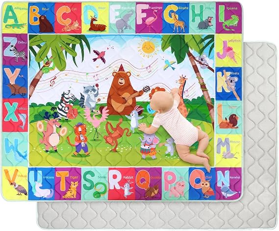 Decalsweet Extra Large Play Mat for Floor 150x180 cm,Thick Playmats,Soft Non-Slip Mat for Crawling & Playing,Machine Washable Portable Playpen Mat Pad for Tummy Time,Animal Concert