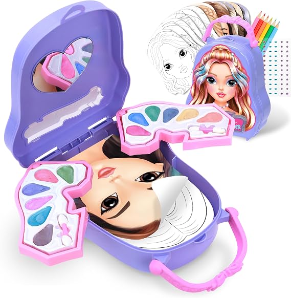 BSCOOL Makeup Designer Kit for Kids 12 Cream Eyeshadows, Practice Activity Book with 20 Pages, Gemstone Stickers, Colored Pencils, Brushes & Mirror Creative Beauty Play Set for Girls 5 and up