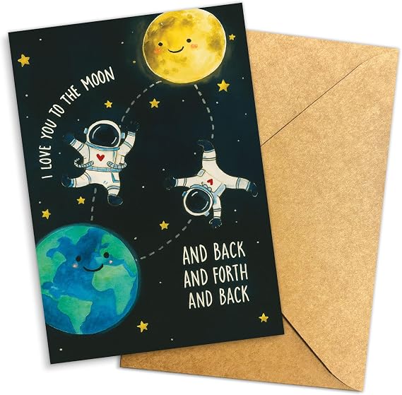I Love You to the Moon and Back Astronaut Card for Couples, 8 x 5.3 Inch