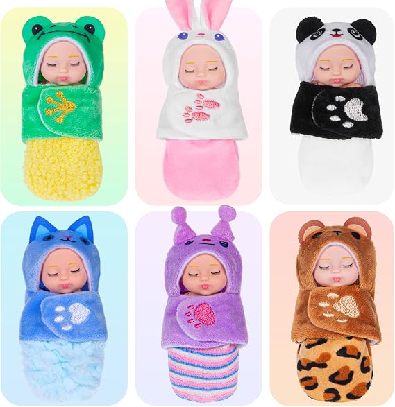 dollbie 6 Pack Mini Baby Dolls - 4 inch Animal with Sleeping Bag Theme Lifelike Baby Dolls for Girls