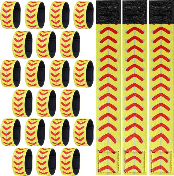 24 Pcs Softball Sleeve Holders-7.48 Inch Shirt Sleeve Straps, Yellow with Red Stitching Fastpitch Sports Accessories for Women Men Teens, Suitable Clips for Baseball Basketball Volleyball