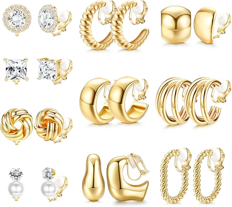 FIBO STEEL 10 Pairs Clip On Earrings for Women Non Pierced Earrings Set