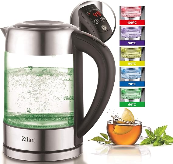 Glass kettle 1.7 liters | 100% BPA free | 2200 Watt | Color changing LED lighting | Stainless steel | Teapot | Keep warm function | Temperature adjustment (60°C-100°C)
