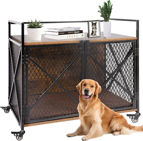 Ketive Rustic Brown Dog Crate Furniture with Cushion, 31"L Wooden Kennel End Table with Double Doors, Heavy Duty Dog Crate with Wheels (31.2"L x 20.5"W x 28.9"H)
