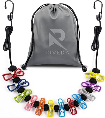 Portable Travel Clothesline with 12 Colorful Clips & Bag, Elastic RV & Camping Clothes Line for Indoor Laundry Drying Line & Outdoor Camping Accessories Elastic