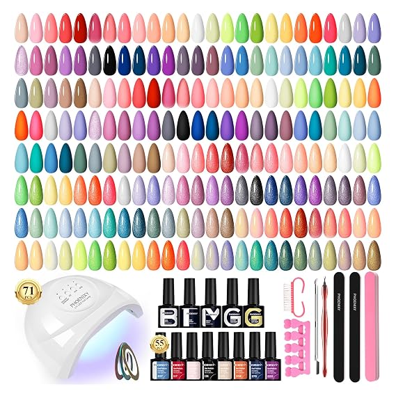 Phoenixy 71 Pcs Gel Nail Polish Kit with U V Light, 60 Bottles Gel Nail Kit