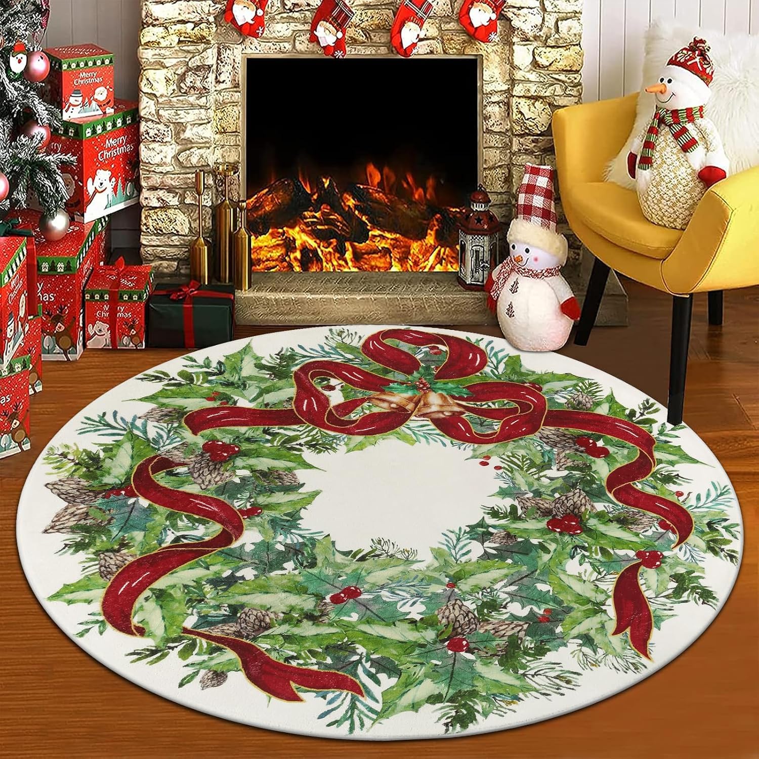 UArtlines Christmas Washable Round Area Rug 4ft Bell Leaves Laundry Rug Runner Non Slip Soft Throw Rugs Carpet for Entryway Living Room Bedroom White