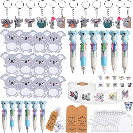 Anprola Koala Party Gift Set with Sticky Notes Ballpoint Pen Keychains Stickers Organza Bags and Card Tags for Koala Themed Birthday Party Supplies Decorations Stationary Rewards 12 Guests