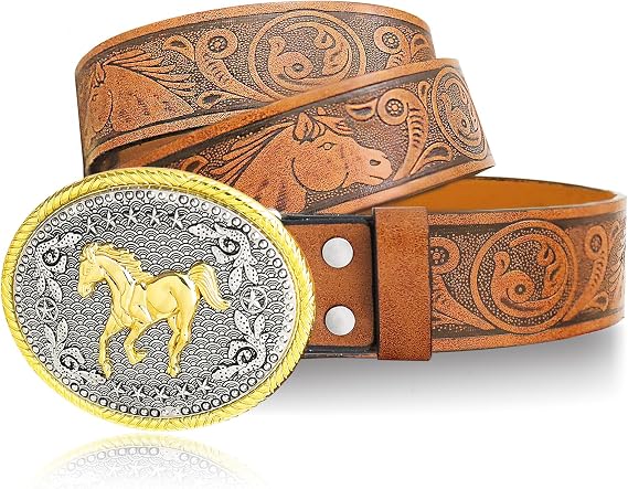 Cowboy Belt For Men Running Horse Western Buckle Belts Horsehead Engraved Brown Leather Belt, 1-1/2 Inch Wide