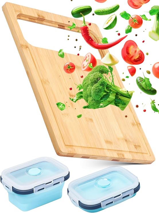 Happylivery Bamboo Cutting Board - Includes 2 Collapsible Containers - Solid Dural Bamboo - Space Saving with Non-Slip Feet - Rectangular Shape - Ideal for Vegetables