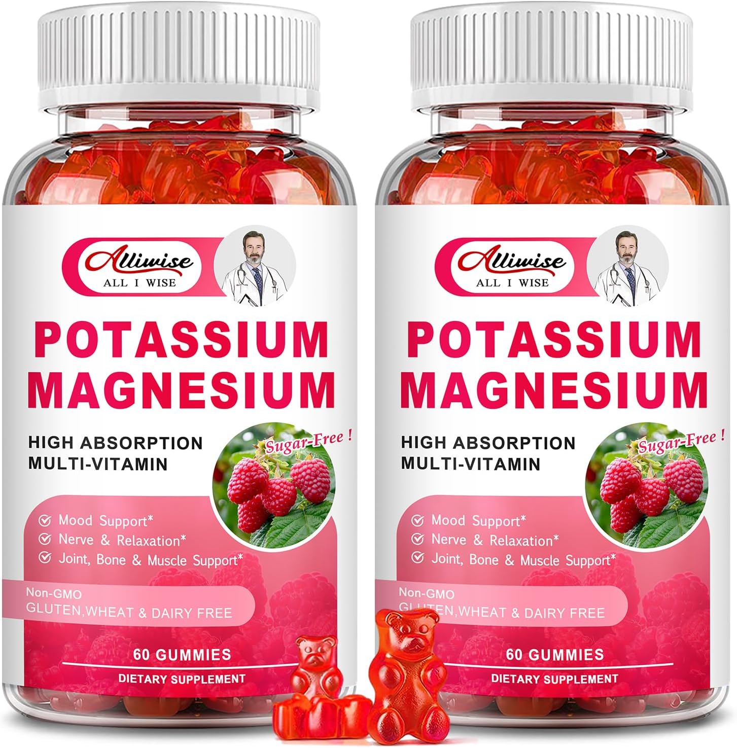 Potassium Magnesium Supplement Gummies with Potassium Citrate & Magnesium Glycinate for Bone & Muscle Relaxation,Mood & Energy Support.High Absorption Vitamin B6, D3, C.Raspberry Flavor