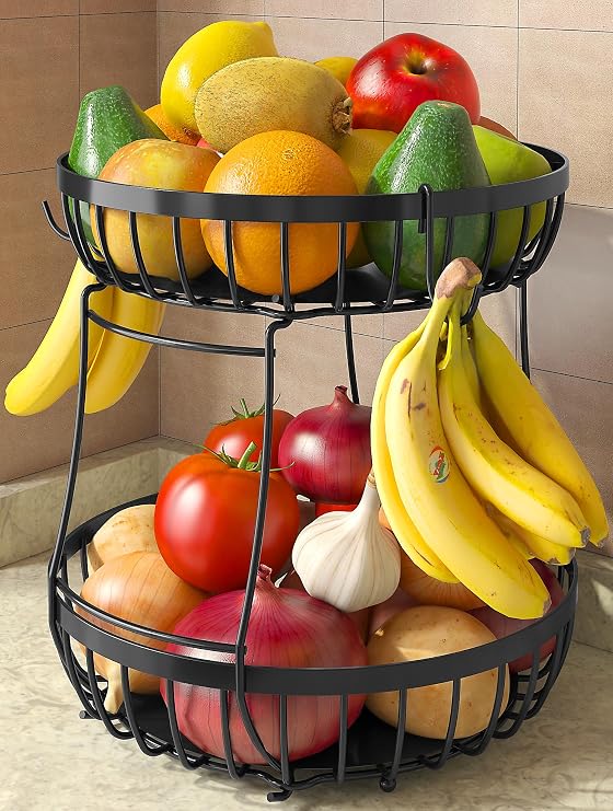 Sevenblue 2 Tier Fruit Bowl for Kitchen Counter, Black, Extra Large