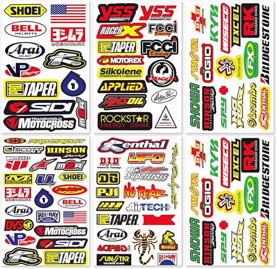 Motocross Dirt Bike Bikes Race Motorcycle motos rc Bicycle Trucks Parts Accessories Sponsor Logo ATV Skateboard Helmet Tool Box Racing Pack 6 Sheets Grafitti Vinyl Decals Stickers Kit D6721