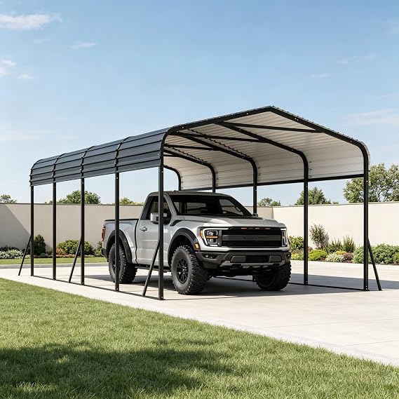 12' x 20' Heavy Duty Metal Carport with Galvanized Steel Roof, Metal Roof Carport with Enhanced Base, Tall Metal Carport Kits Garage for Tractors, Pickup, Boat, Car