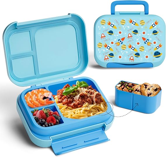 Kids Bento Lunch Box, 5-Compartment Leakproof Container with handle Movable Snack Box BPA-Free, Dishwasher & Microwave Safe Utensils Included for Kids/Adults | School, Office & Travel | Blue