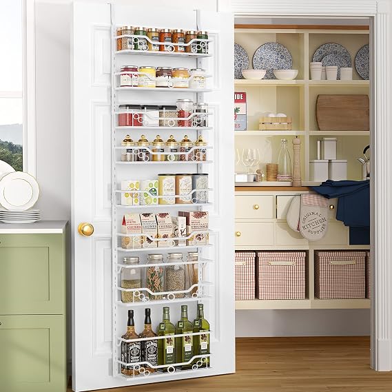 Moforoco 8-Tier Over the Door Pantry Organizers and Storage, Black Hanging Kitchen Basket Organization, Wall mount Spice Rack Behind Cabinet Door Seasoning Shelves, Bathroom Home Bedroom Organizer