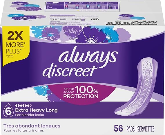 Always Discreet Extra Heavy Long Incontinence Pads, 56 Count