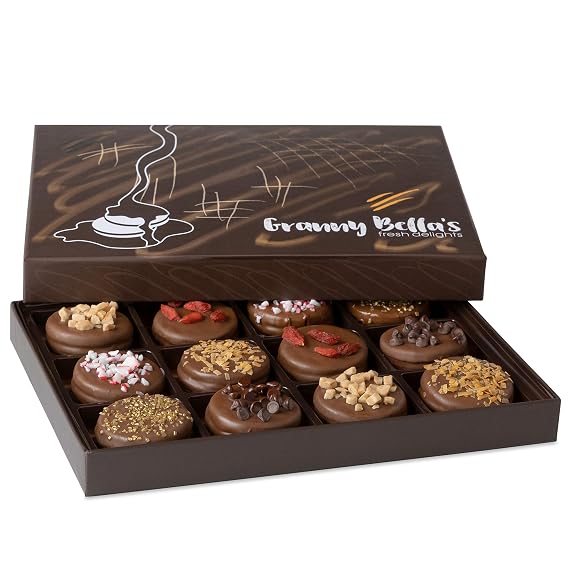 Granny Bellas 12 Chocolate Covered Cookies, Gift Basket for Him, Her Gourmet Candy Spring Baskets Treats Gifts Box for Food Delivery for Mother, Mom, Wife, Grandmother, Grandma, Daughter, Sister