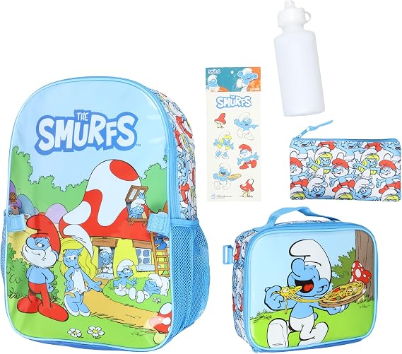 INTIMO The Smurfs Backpack 5-Piece Mega Set Travel Daypack Bag with Lunch Box Pencil Case Water Bottle and Stickers 16"