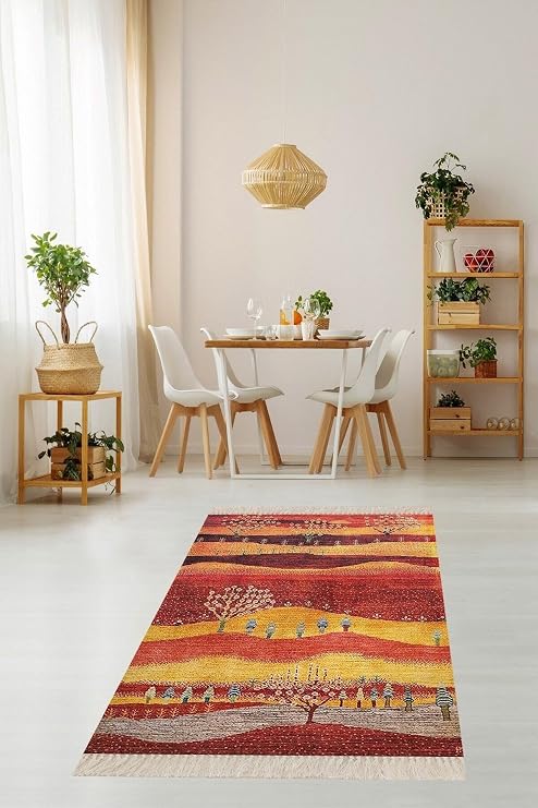 Ontheclouds Ağaç Desenli Dijital Baskı Yıkanabilir Kaymaz Taban Etnik Kilim Desen Salon Halısı Ve Yolluk, 80 x 150 MEG1208A