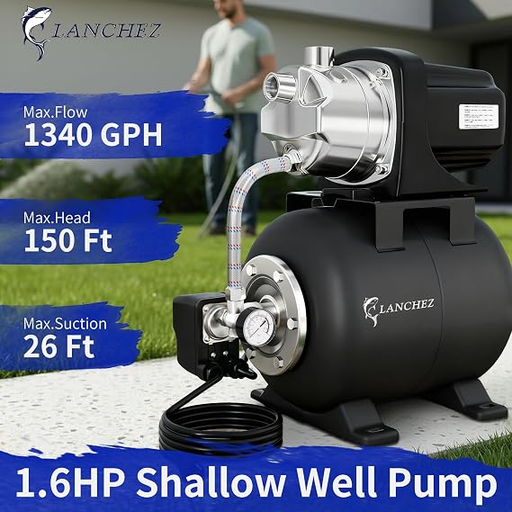 LANCHEZ 1.6 HP Shallow Well Pump with Pressure Tank, 1340 GPH Stainless Steel Garden Irrigation Pump, 115V Water Transfer Pump, Automatic Water Booster Jet Pump for Home Garden Lawn Farm, Glossy