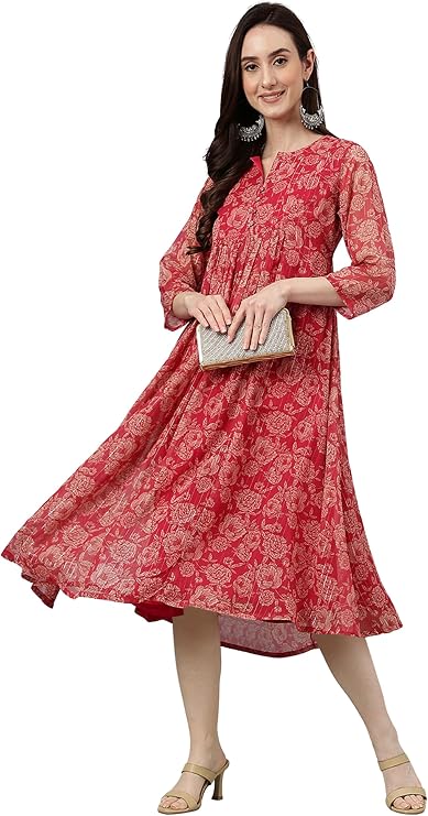 Janasya Women's Chiffon Pink Floral Print Casual Wear Summer Dress for Women