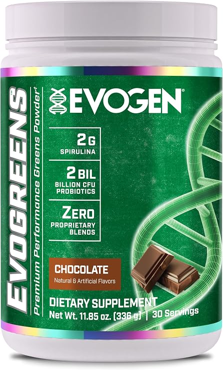 Evogen Evogreens | Premium Performance Greens Superfood, Spirulina, Pomegranate, Probiotics, Kale | 30 Servings Chocolate, 30 Servings