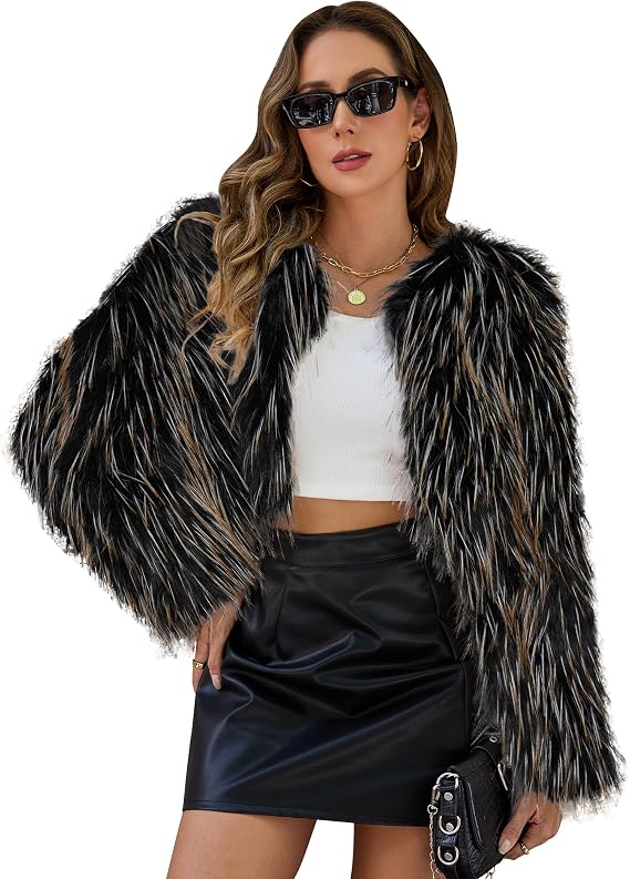 Womens Faux Fur Cropped Coats Fuzzy Long Sleeve Winter Jacket | Open Front, Fuzzy Faux Fur Cardigan Top Fluffy Warm Outwear, Relax Fit