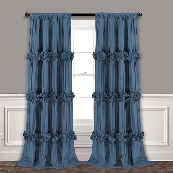 Homechoice Decor Thermal Insulated Blackout Window Curtains, 54" W x 84" L x 2 Panels, Boho Ruched Window Treatments with 3 Rows of Butterfly Flowers, Rustic Rod Pocket Drapes, Dusty Blue (LQ-30)