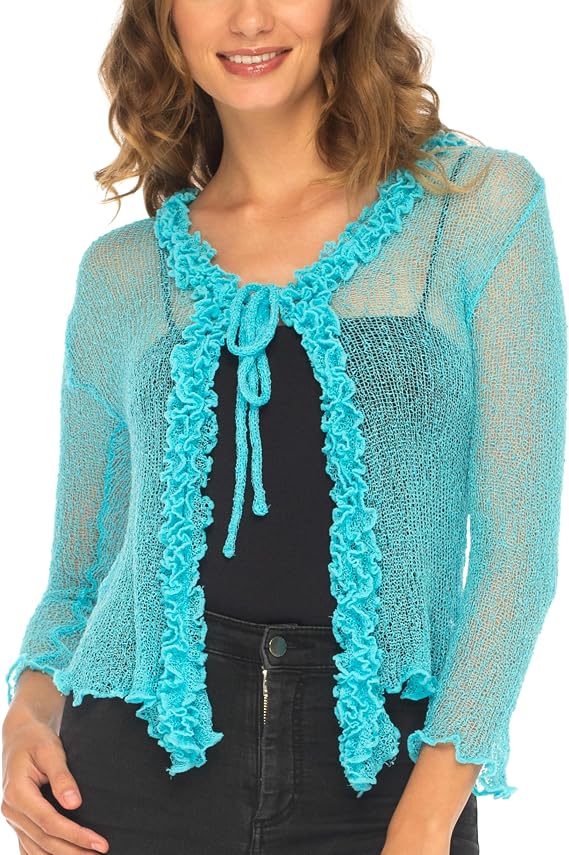 SHU-SHI Womens Sheer Shrug Ruffle Cardigan Sweater Lightweight Knit Bolero