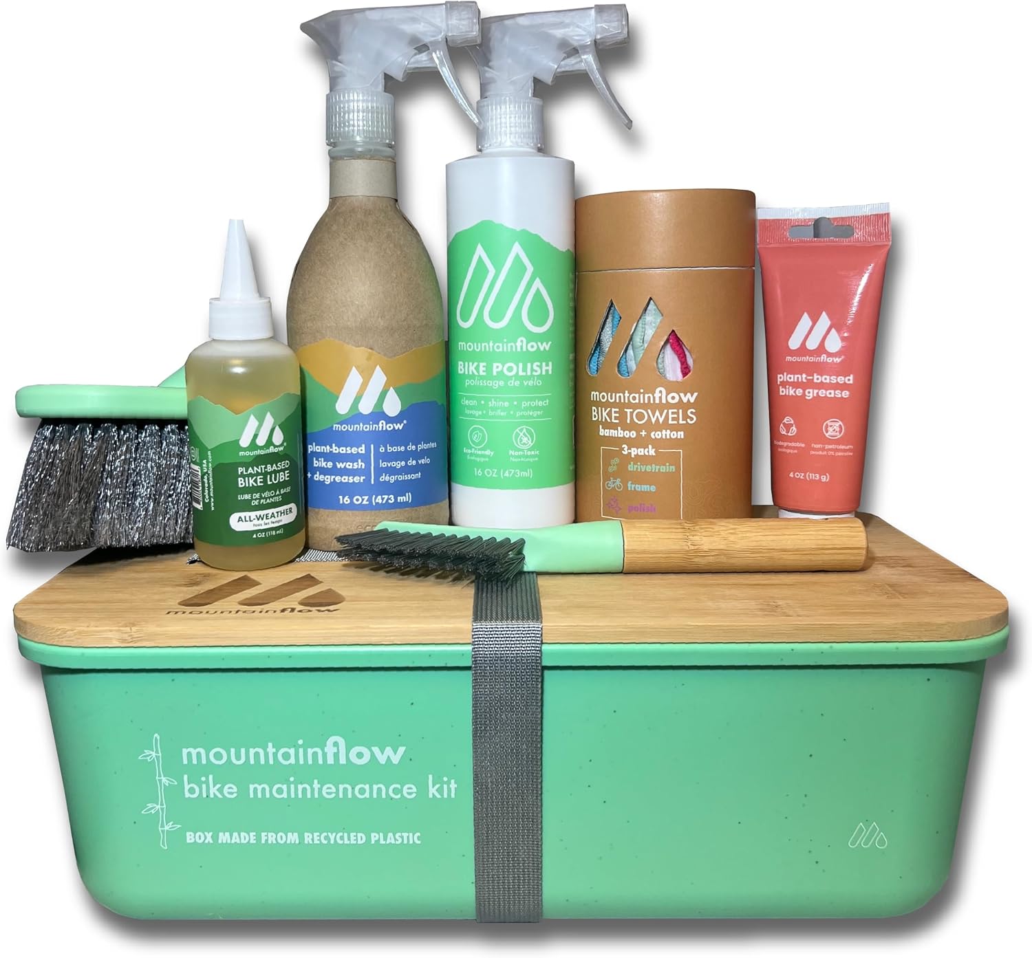 mountainFLOW Bike Maintenance Kit | Bike Wash  Degreaser, Chain Lube, Grease, Cleaning Brushes  Towels | High Performance, Plant-Based,  Biodegradable