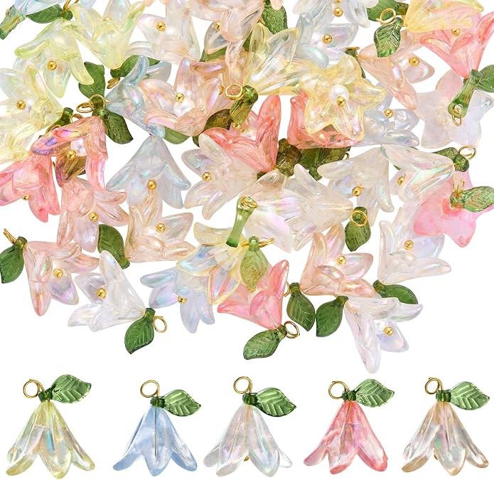 COGCHARGER 60 Pcs 5Color Acrylic Tulip Lily Flower Charms Plant Charm With Pearl Beads Pendant Mix Color for Jewellery Making Craft Bracelet Necklace