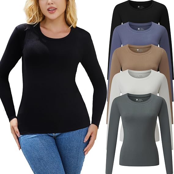 Chongbaijia 5 Pack Women Long Sleeve Crew Neck Tees Slim Fit Casual Tops