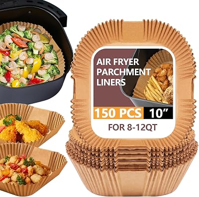 UBeesize XL 10 Inch Air Fryer Paper Liners,150 PCS Parchment Paper, Air Fryer Disposable Paper Liner for Microwave, Non-Stick Air Fryer Liners Square Free of Bleach Bottom size 9 Inch