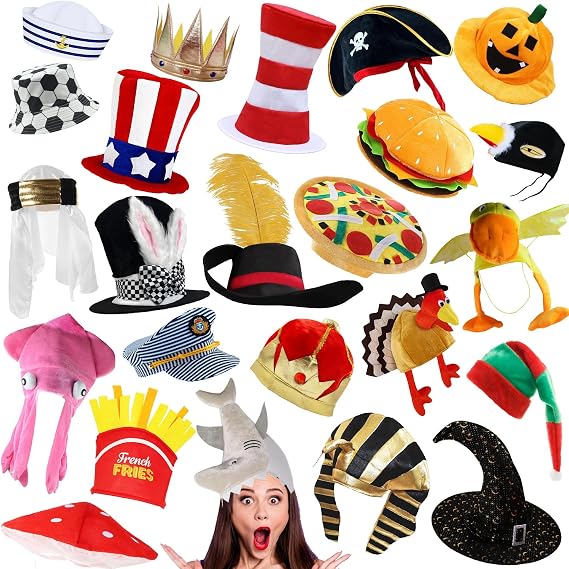 Bulk Premium Funny Hats, 24 Assorted Dress Up Costume Hat, Crazy Party Hats, Novelty Party Hats, Costume Hats for Adults, Teens, Photo Booth Prop for Graduation, Wedding, Birthday, Bachelorette, etc