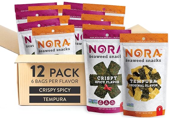 Spicy + Tempura Seaweed Snacks Bundle by Nora, Healthy Low-Carb Nori Sheets, Asian Snacks, Crunchy Seaweed Snack Chips, Snacks of Asia, Korean Vegan Snacks, Gluten-Free, Non-GMO, 2 x 6 Packs