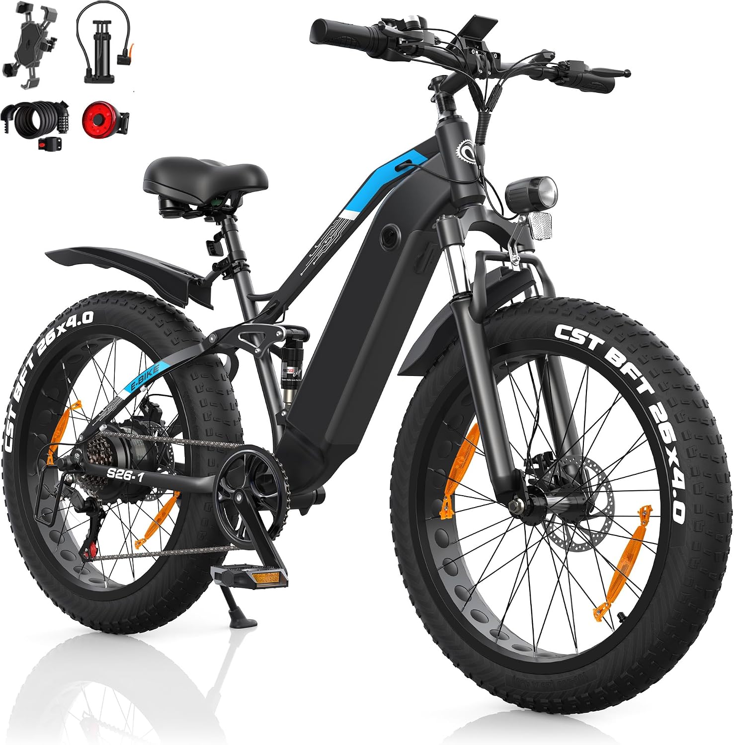 Electric Bike, 26" Fat Tyre Electric Bikes for Adults with 48V 18Ah/13Ah Battery, 85NM Motor, 75-95 Miles Range, 7-Speed Full Suspension Electric Mountain Bikes, E-Bike For Commute & Off Road