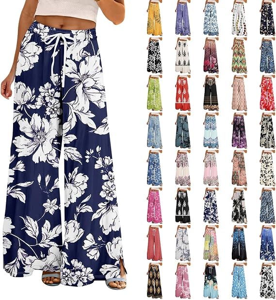 Palazzo Pants for Women with Side Slit Pockets Drawstring Ladies Baggy Boho Loose Fit Lounge Trousers Dressy Bottoms Casual Plus Size Fashion Trendy Clothes Summer 2025 Vacation for Senior Blue