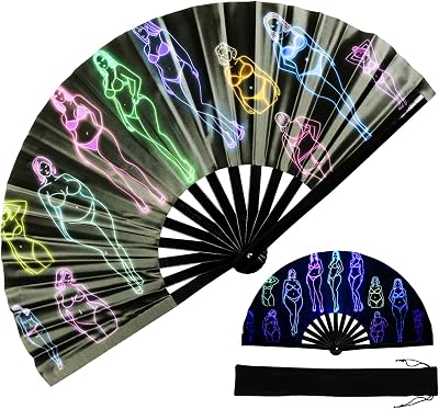 TRENDBOX Large Folding Hand Fan, UV Glow Fan for Rave, Festival Folding Hand Fan for Women Men with Velvet Bag for Decorations, Party, Dance and Music Festival - Body shape sketch