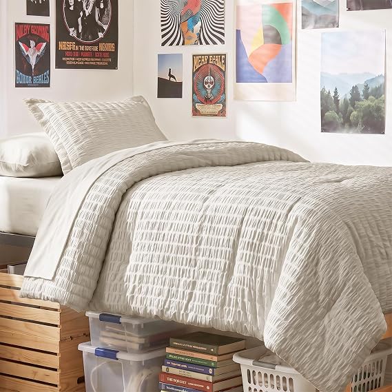 CozyLux Twin Comforter Set, 5 Pieces Beige Seersucker Bed in a Bag