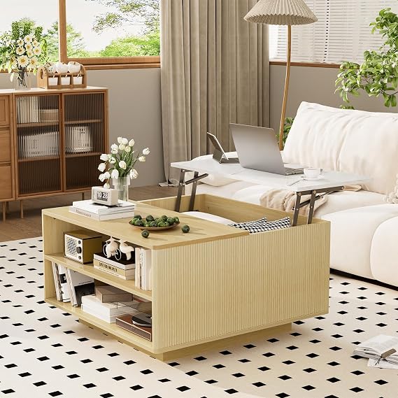 Lift Top Coffee Table with Storage, Fluted Natural Wood Square Center Table with Open Storage, Living Room Central Table w/Large Hidden Space, for Living Room, Bedroom, Home Office